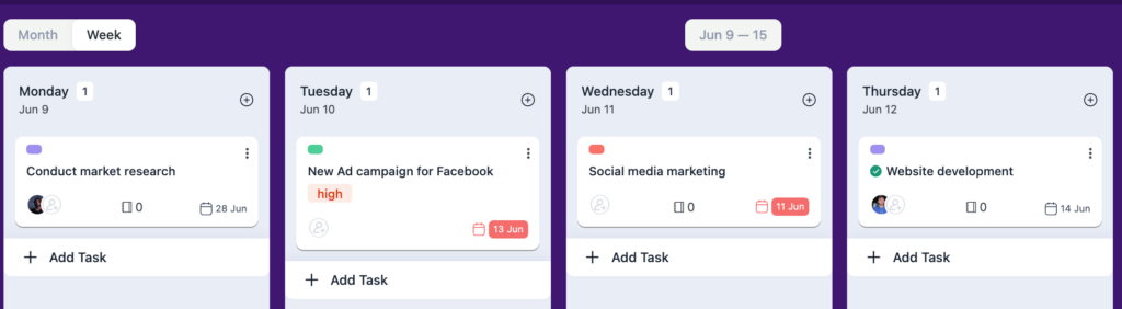 FluentBoards Calendar view: weekly tasks